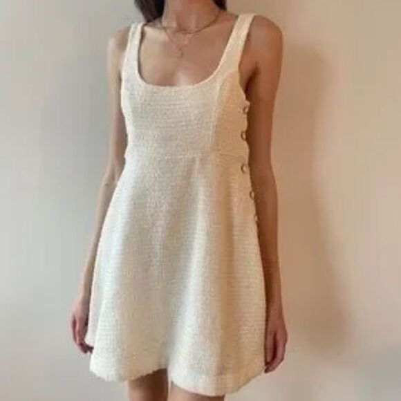 Zara Size S Bouclee Tweed Sleeveless Mini‎ Dress Cream White Coquette Feminine - Picture 10 of 11